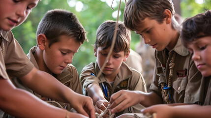 Group of young scouts in uniform working together on a project outdoors. - obrazy, fototapety, plakaty