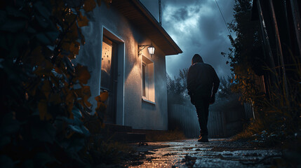 Man approaching a lit house entrance at night, mysterious atmosphere with cloudy sky.
