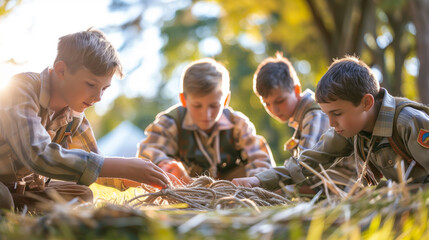 Group of boy scouts working together outdoors on a sunny day. - obrazy, fototapety, plakaty