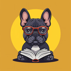 Cartoon logo of a french bulldog wearing glasses and reading a book, dog, bulldog, french bulldog, french, pet, animal, puppy, white, isolated, cute, breed, mammal, portrait, domestic, adorable