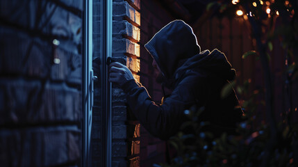 Silhouette of a hooded figure breaking into a house at dusk, concept of burglary and home security. - obrazy, fototapety, plakaty