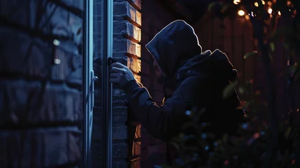 Fotobehang Silhouette of a hooded figure breaking into a house at dusk, concept of burglary and home security. © Another vision