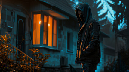 Fototapeta na wymiar Mysterious person in hoodie standing outside a house at night with warm light from a window.