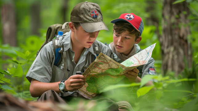 Two young boys in caps reading a map in the forest, adventure and teamwork concept.