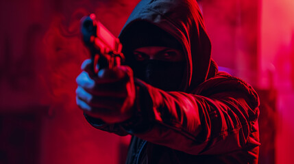 Mysterious person in hoodie aiming a gun with focus on the weapon, dark and moody atmosphere.