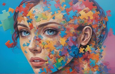 Woman head fragmented with many puzzle pieces. Women head made of puzzle pieces. Generative AI