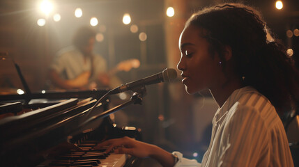 Female musician playing piano and singing on stage with warm ambient lighting. - obrazy, fototapety, plakaty