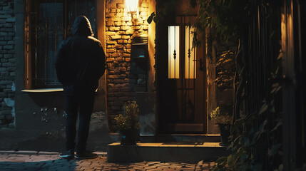 Person standing by a door at night, illuminated by warm light, with a mysterious ambiance.