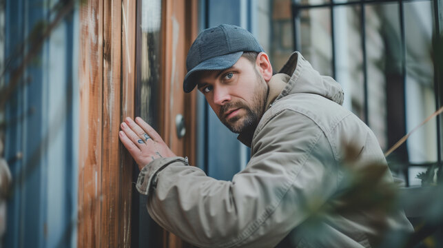 Man in a cap and jacket peeking through a wooden door, with a curious expression.