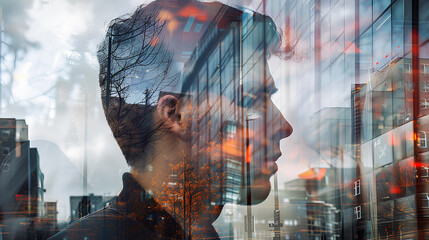 A double exposure combines in the foreground the face of a man and modern abstract glass...