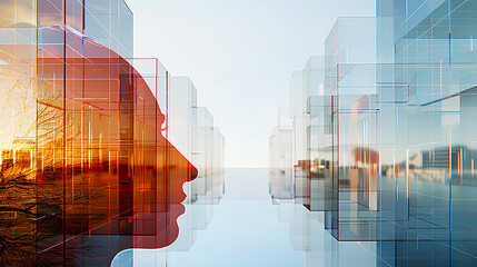 A double exposure combines in the foreground the face of a man and modern abstract glass architecture, minimalism.