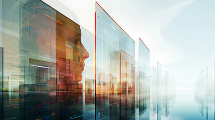 A double exposure combines in the foreground the face of a man and modern abstract glass architecture, minimalism.