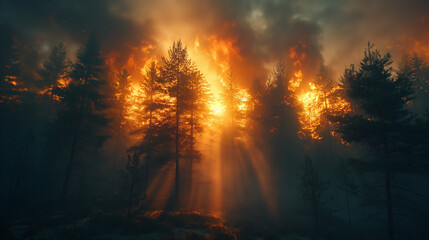 Evening time. Trees in fire in the forest. Selective focus. Nature care concept 