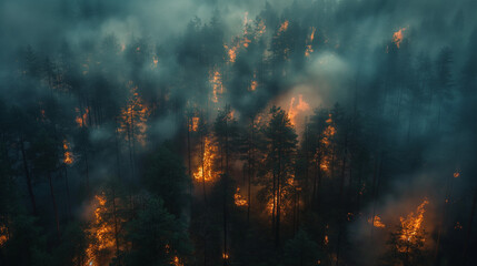 Top view of forest fire in the evening. Nature care concept. Selective focus  - obrazy, fototapety, plakaty