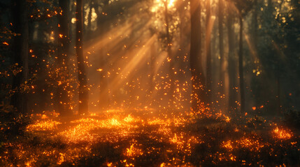 Trees in fire in the forest. Selective focus. Nature care concept. Day time  - obrazy, fototapety, plakaty