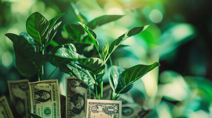 Green plant with US dollar bills growing on branches, concept of financial growth and investment. - Powered by Adobe