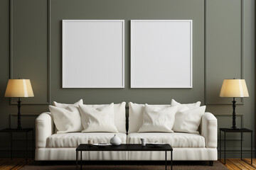 Comfortable white sofa, black table and two pictures on wall. Mock up of room design. Selective focus. Copy space. White and olive colours