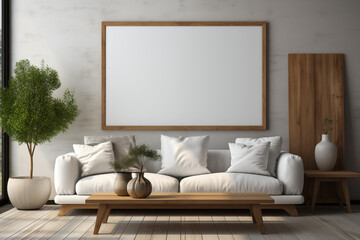 Close up of room design. Big white sofa, brown small table with vases and small green tree and big picture on wall in hall of house. Selective focus. Copy space. House background.