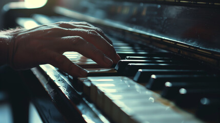 Close-up of a hand playing piano keys with moody lighting, conveying artistic expression and...
