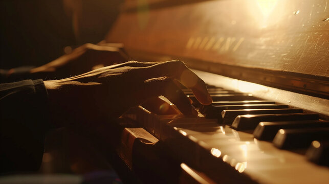 Close-up of piano keys with warm lighting, suitable for music-themed backgrounds and artistic concepts.