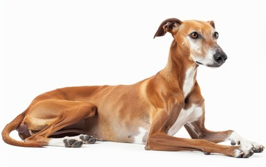 A sleek Azawakh hound lies gracefully against a white background, its slim figure and attentive gaze reflecting the breed's elegance and poise. The dog's slender limbs highlight its speed and agility.