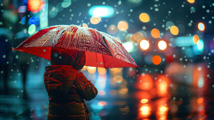 child at night holding a umbrella in the rain