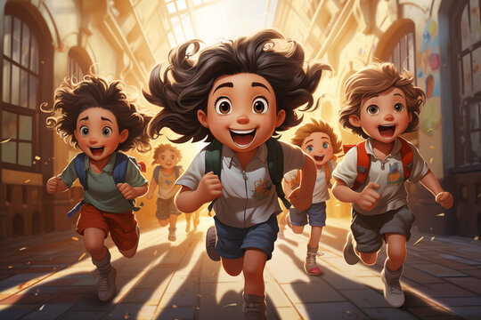 Cartoon smiling school children are running at corridor of school. Happy childhood concept. Selective focus. Copy space 