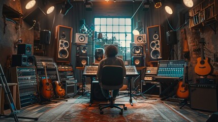 Music producer recording a song in a recording studio. He is sitting on a chair and listening to the music.