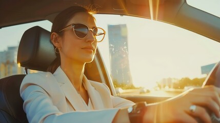 Confident young businesswoman driving her car on a sunny day. She is wearing a white suit jacket and sunglasses.