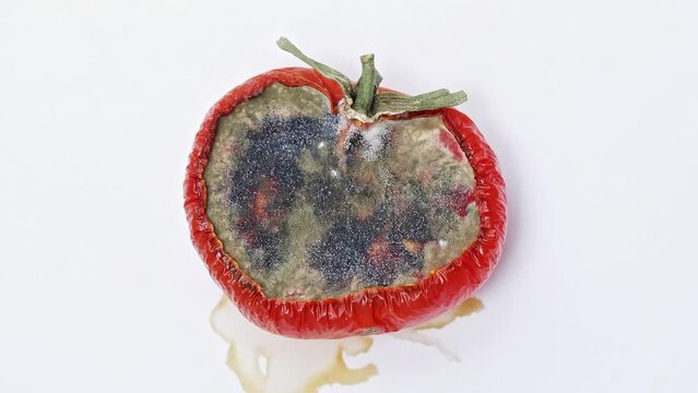 Rotting and moldy tomato slice. Growing mold on surface of rotten tomato. Rotting tomato at white background. Timelapse of growing mold on rotten tomato. Close-up in 4K, UHD