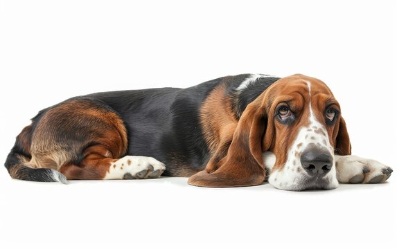 Lying down, this Basset Hound appears contemplative, its thoughtful gaze accentuated by its tricolor coat.