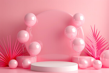 Colorful 3D podium adorned with vibrant balloons, perfect for celebratory events and festive presentations