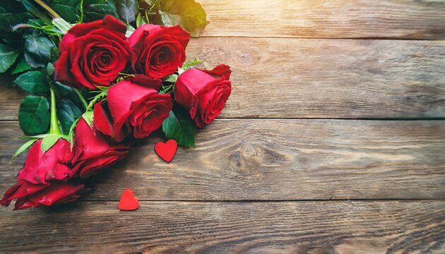 red rose flowers bouquet on wooden background valentine s day greeting card copy space top view image
