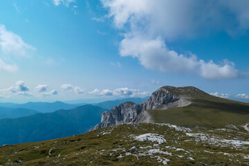 Panoramic view of majestic mountain peak of Hochschwab massif, Styria, Austria. Idyllic hiking...