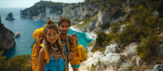 Couple hiking up mountain with ocean view, smiling and enjoying natures beauty - obrazy, fototapety, plakaty