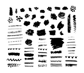 Bundle of different ink brush strokes. Ink splatters,grungy painted lines,artistic design elements. Vector paintbrush set.