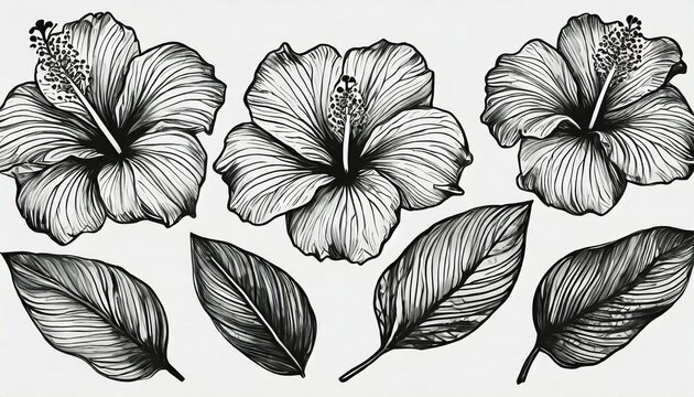set of hibiscus flowers line art vector botanical illustrations tropical blooms with leaves hand drawn black ink sketches collection modern design for logo tattoo wall art branding and packaging