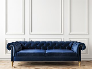 Blue Vintage Velvet Sofa with Gold Trim in Front of Empty Contemporary White Wall - Space for Art Mockup