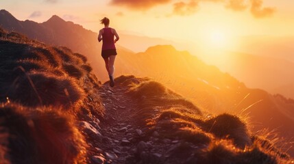 A solitary runner takes on a mountain trail at sunset, embodying the spirit of endurance and the...