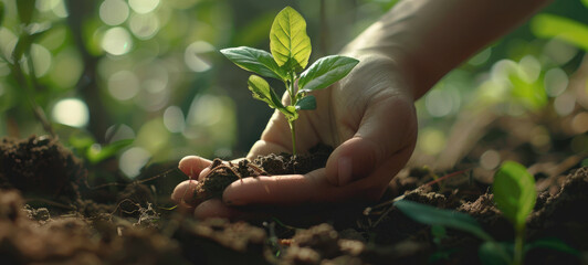 Close-up of Hand Planting Young Tree in Soil, Symbolizing Growth, Care, and Environmental Conservation
 - obrazy, fototapety, plakaty