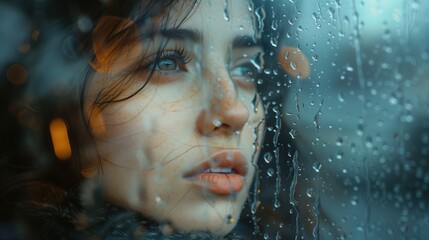 Close-Up of Young Brown-Haired Woman Peering Through Rain-Soaked Glass Window