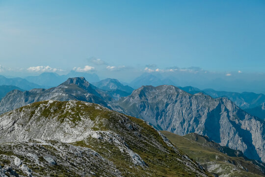 Panoramic view of majestic mountain peaks of Hochschwab massif, Styria, Austria. Idyllic hiking trail on high altitude alpine terrain, remote Austrian Alps in summer. Sense of escape. Nature lover