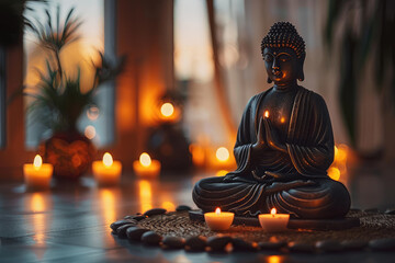 A serene Buddha statue meditates surrounded by flickering candles, creating a peaceful and spiritual ambiance.