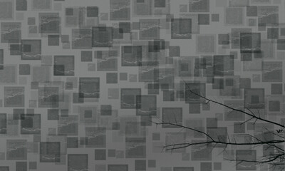 Abstract flat background with painted texture with layered squares with tree branches in the corner. Grayscale artistic background image.