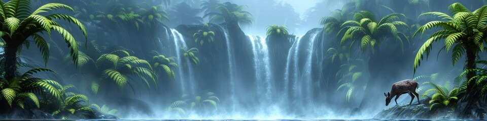 Majestic waterfalls cascade in a tropical jungle, where the serenity of nature is profound, and the air is filled with the mist of renewal - obrazy, fototapety, plakaty
