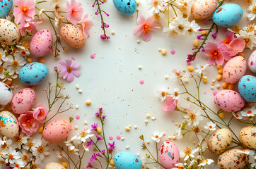 Colorful Easter eggs surrounded by flowers and petals on a light background, top view. The image can be used as a postcard or background for Easter related events.
