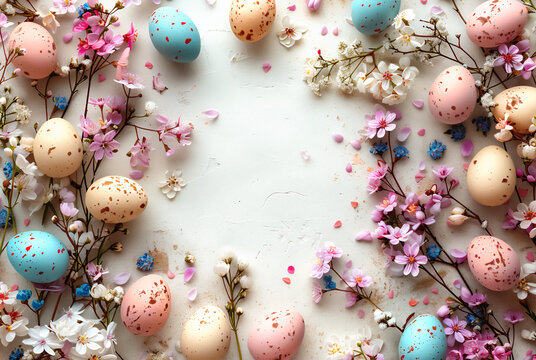 Colorful Easter eggs surrounded by flowers and petals on a light background, top view. The image can be used as a postcard or background for Easter related events.