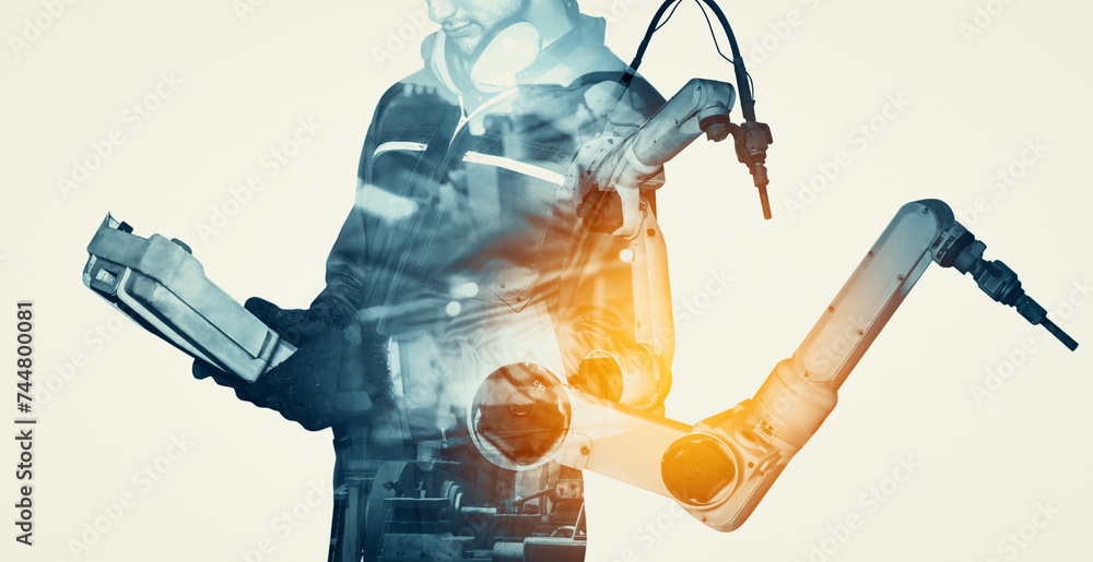 Poster xai mechanized industry robot arm and factory worker double exposure. concept of robotics technology