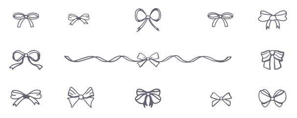 Set of bows on white background. Outline vector with ribbons and ties.