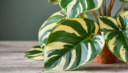the variegated leaves of philodendron ring of fire a rare houseplant - obrazy, fototapety, plakaty